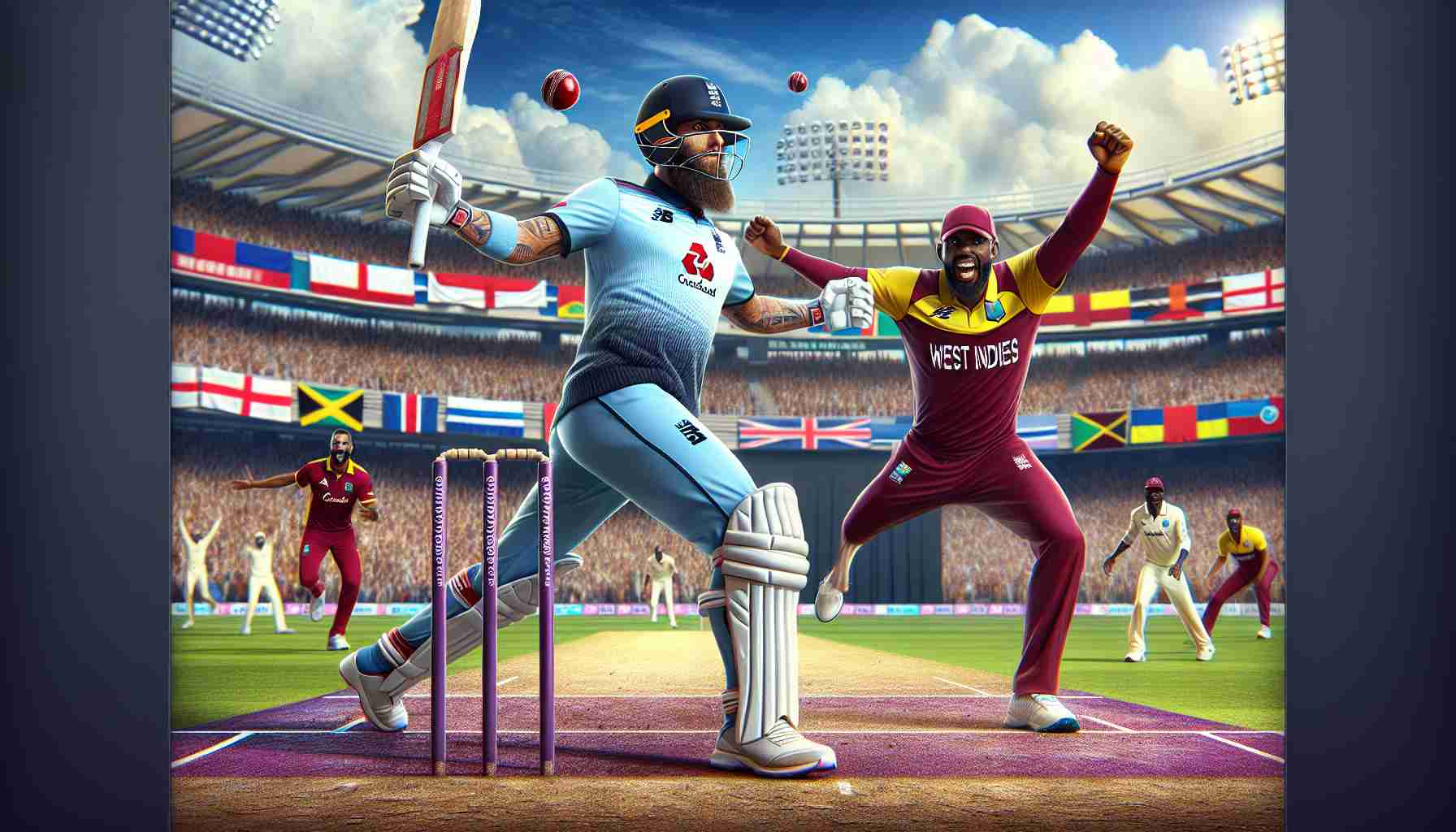 Realistic HD photo of a cricket match between England and West Indies with the question 'Can England Maintain Their Winning Streak Against the West Indies?'