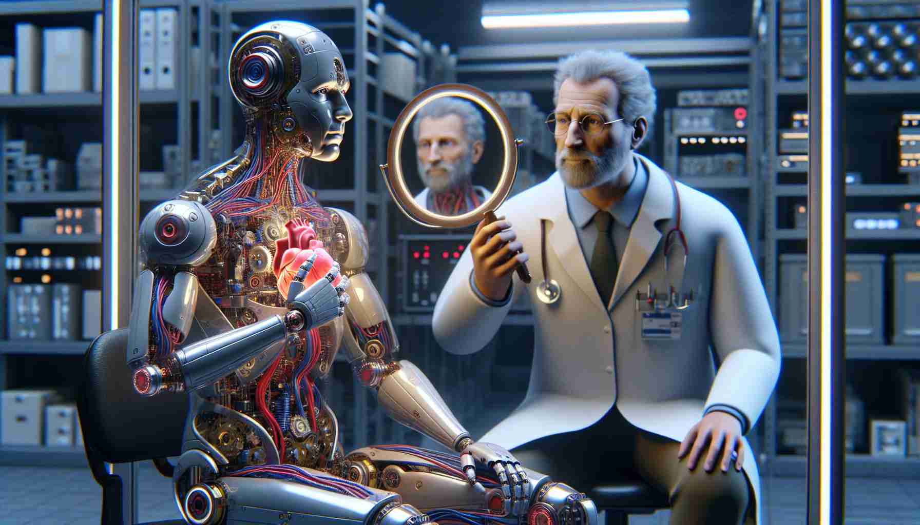 A high-definition, realistic visual representation of 'Unraveling Identity: How Robots Can Teach Us About Ourselves'. Visualize it as a scene where a humanoid robot is intently studying its reflection in a mirror. The robot's internal gears, wires, circuits are partially visible through its semi-transparent body, near its heart area, representing its artificial heart. Sitting next to the robot is a human of Caucasian descent, a professor in robotics, who is observing with a mixed expression of pride and curiosness. The entire scene is set in a technologically advanced lab filled with robotics components.