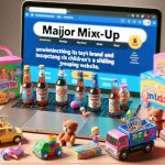 Realistic HD photo illustrating the concept of a major mix-up where a popular toy brand unwittingly links its children's products to an inappropriate website, with emphasis on the shared brand logos and the juxtaposition of the children's toys and the unsuitable content from the site.