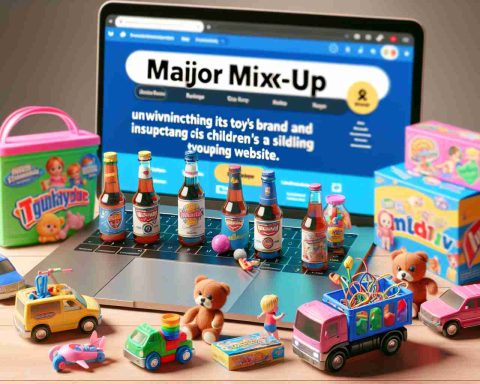 Realistic HD photo illustrating the concept of a major mix-up where a popular toy brand unwittingly links its children's products to an inappropriate website, with emphasis on the shared brand logos and the juxtaposition of the children's toys and the unsuitable content from the site.