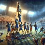 A high-definition, realistic image that depicts the narrative of local sports heroes on their journey to becoming state champions. The visual story begins with them training intensely in their local playground, demonstrating their grit, determination, and skilled athleticism. It progresses to capture moments of victory within their community, their unabashed joy and local supporters' pride in them. The narrative culminates with the team holding up the state championship trophy under the brilliant floodlights, the crowd erupting in massive celebration, illustrating their success, teamwork, and the adversity they overcame to reach this moment.