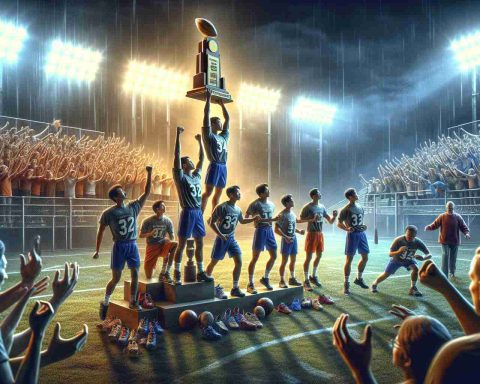 A high-definition, realistic image that depicts the narrative of local sports heroes on their journey to becoming state champions. The visual story begins with them training intensely in their local playground, demonstrating their grit, determination, and skilled athleticism. It progresses to capture moments of victory within their community, their unabashed joy and local supporters' pride in them. The narrative culminates with the team holding up the state championship trophy under the brilliant floodlights, the crowd erupting in massive celebration, illustrating their success, teamwork, and the adversity they overcame to reach this moment.