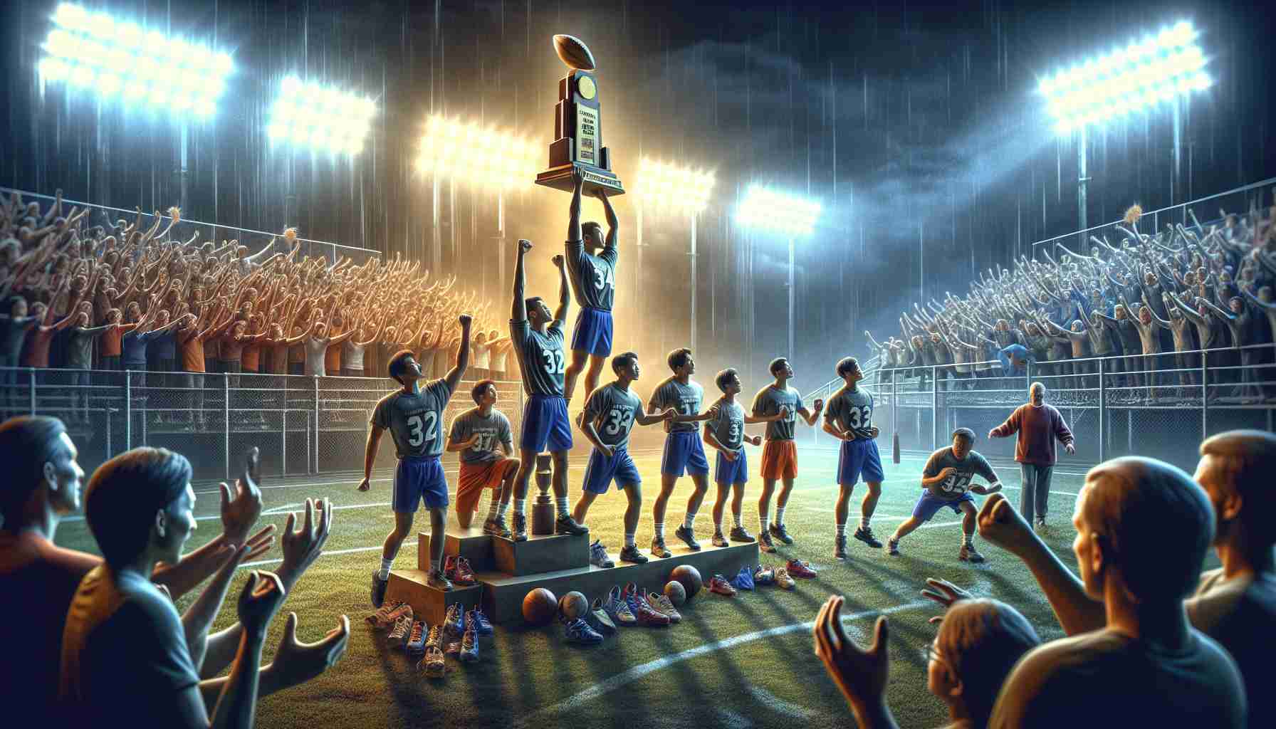 A high-definition, realistic image that depicts the narrative of local sports heroes on their journey to becoming state champions. The visual story begins with them training intensely in their local playground, demonstrating their grit, determination, and skilled athleticism. It progresses to capture moments of victory within their community, their unabashed joy and local supporters' pride in them. The narrative culminates with the team holding up the state championship trophy under the brilliant floodlights, the crowd erupting in massive celebration, illustrating their success, teamwork, and the adversity they overcame to reach this moment.