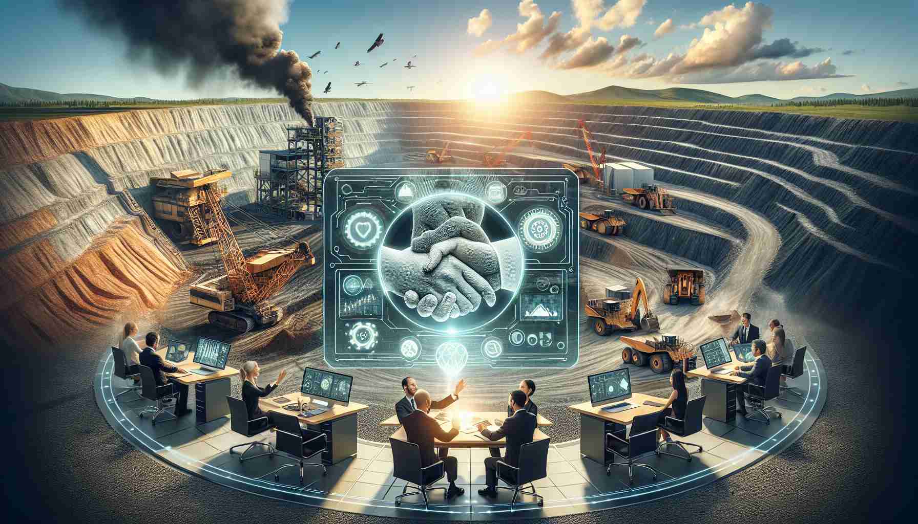 A high-definition, realistic illustration representing a concept of revolutionizing the mining industry through an unexpected partnership that's redefining standards. Display a vast open pit mine with contemporary large machinery like excavators and dump trucks doing extraction. On one side, make an office-like setting where a Caucasian male and a Black female, both professionals, are blueprinting innovations. Include digital panels showcasing data analytics, machine learning algorithms. Also show a circle of hands in the center to symbolize the partnership, with diverse genders and descents like Hispanic, South Asian, Middle-Eastern, White.