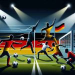 Illustration of a symbolic soccer match scenario, possibly representing a crucial game, with two opposing teams, one visualized through elements of the German flag (black, red, and gold colors) and the other one being anonymous. The German team, with diverse ethnicities and genders, is portrayed striving passionately towards the goal post while the opposition is trying to thwart their efforts. A sense of suspense and uncertainty should prevail, embodying the 'Will they secure their victory?' question. All this is happening under bright stadium lights on a professional football field.