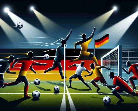 Illustration of a symbolic soccer match scenario, possibly representing a crucial game, with two opposing teams, one visualized through elements of the German flag (black, red, and gold colors) and the other one being anonymous. The German team, with diverse ethnicities and genders, is portrayed striving passionately towards the goal post while the opposition is trying to thwart their efforts. A sense of suspense and uncertainty should prevail, embodying the 'Will they secure their victory?' question. All this is happening under bright stadium lights on a professional football field.