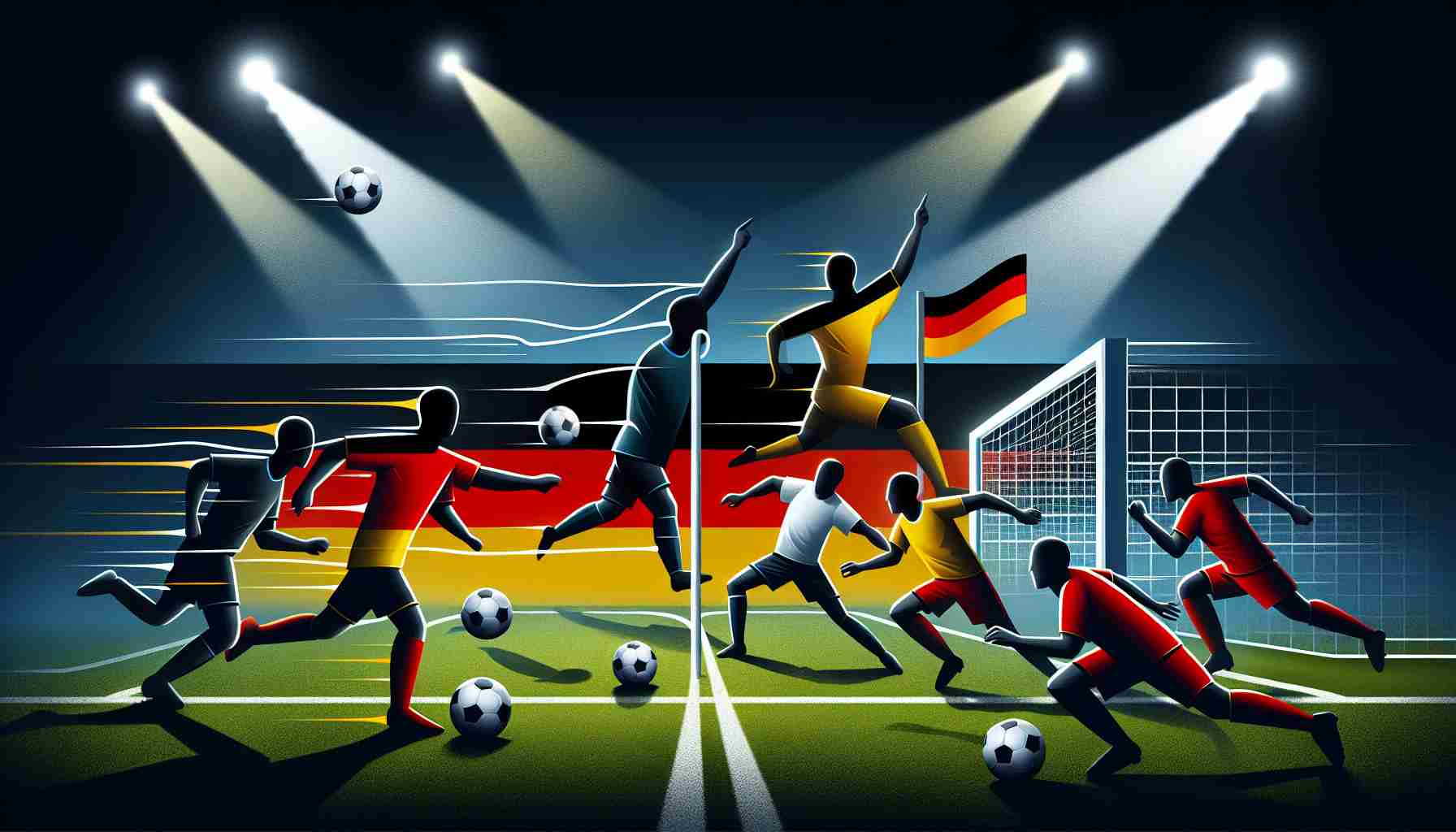 Illustration of a symbolic soccer match scenario, possibly representing a crucial game, with two opposing teams, one visualized through elements of the German flag (black, red, and gold colors) and the other one being anonymous. The German team, with diverse ethnicities and genders, is portrayed striving passionately towards the goal post while the opposition is trying to thwart their efforts. A sense of suspense and uncertainty should prevail, embodying the 'Will they secure their victory?' question. All this is happening under bright stadium lights on a professional football field.