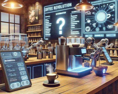 A photo-realistic, high-definition image representing the concept of 'Coffee Revolution', illustrating how artificial intelligence is impacting the way we consume our morning caffeine. Visualize a modern coffee shop scene with an AI-controlled barista brewing a fresh cup of coffee. There are touchscreens for order customization, robotic arms preparing drinks, and perhaps digital displays showing recommended brews based on machine learning algorithms. The atmosphere is lively and innovative, portraying a glimpse of the future where technology is deeply integrated into our daily routines.