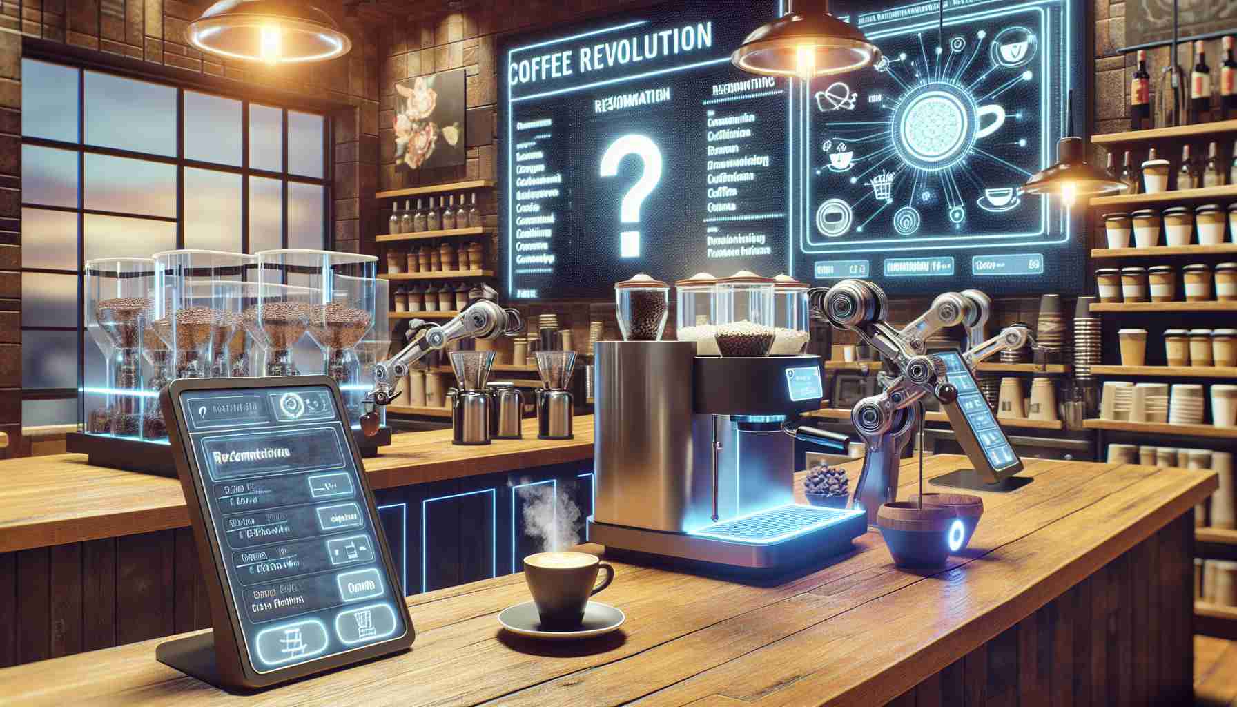 A photo-realistic, high-definition image representing the concept of 'Coffee Revolution', illustrating how artificial intelligence is impacting the way we consume our morning caffeine. Visualize a modern coffee shop scene with an AI-controlled barista brewing a fresh cup of coffee. There are touchscreens for order customization, robotic arms preparing drinks, and perhaps digital displays showing recommended brews based on machine learning algorithms. The atmosphere is lively and innovative, portraying a glimpse of the future where technology is deeply integrated into our daily routines.