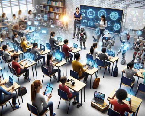 A realistic, high-definition image that visualises the concept of technology integration in modern classrooms. Depict a diverse group of students - Caucasian, Hispanic, Asian, and Black - both males and females, interacting with various advanced electronic devices such as tablets, virtual reality headsets, and robots with educational features. Include details such as interactive whiteboards and digital projectors, to reflect a high-tech learning environment. Also, show a teacher, a South Asian woman, overseeing the integration of technology into the learning process, portraying the progressive attitude of schools to technological advances.