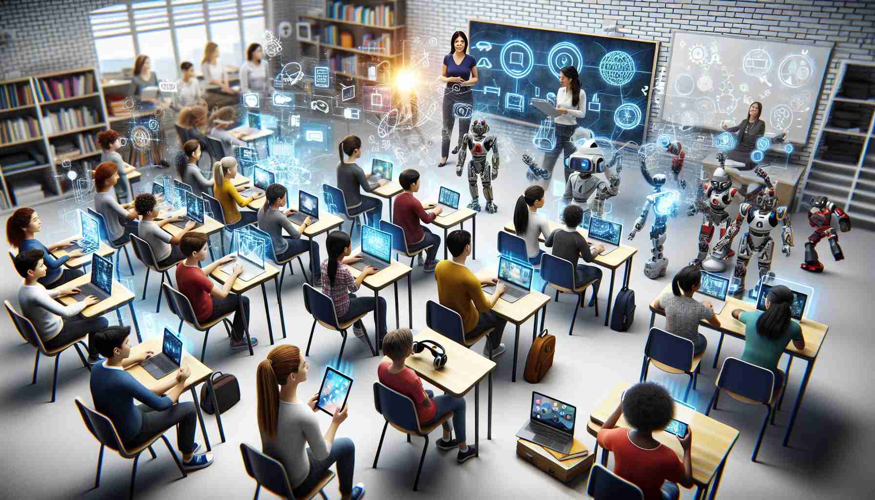 A realistic, high-definition image that visualises the concept of technology integration in modern classrooms. Depict a diverse group of students - Caucasian, Hispanic, Asian, and Black - both males and females, interacting with various advanced electronic devices such as tablets, virtual reality headsets, and robots with educational features. Include details such as interactive whiteboards and digital projectors, to reflect a high-tech learning environment. Also, show a teacher, a South Asian woman, overseeing the integration of technology into the learning process, portraying the progressive attitude of schools to technological advances.