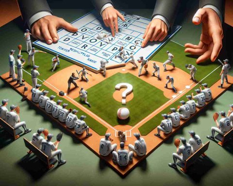 A realistic, HD image of a major reshuffling in a baseball team's lineup, symbolizing a daring change. The image could depict a coach reassigning players around a diamond-shaped field, replaying different strategies on a board, and players expressing a range of emotions from surprise to determination. Adjacent to the scene, an ambiguous question mark symbolizes the uncertainty of whether this move is a brilliant one or a misstep.