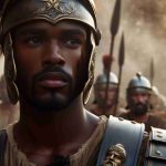 A realistic high-definition image of a bold scene involving a talented Black male actor, who portrays a warrior in a sequel to a popular historical drama movie set in the Ancient Roman era.