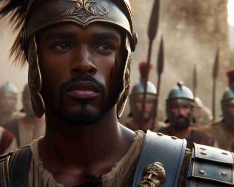 A realistic high-definition image of a bold scene involving a talented Black male actor, who portrays a warrior in a sequel to a popular historical drama movie set in the Ancient Roman era.