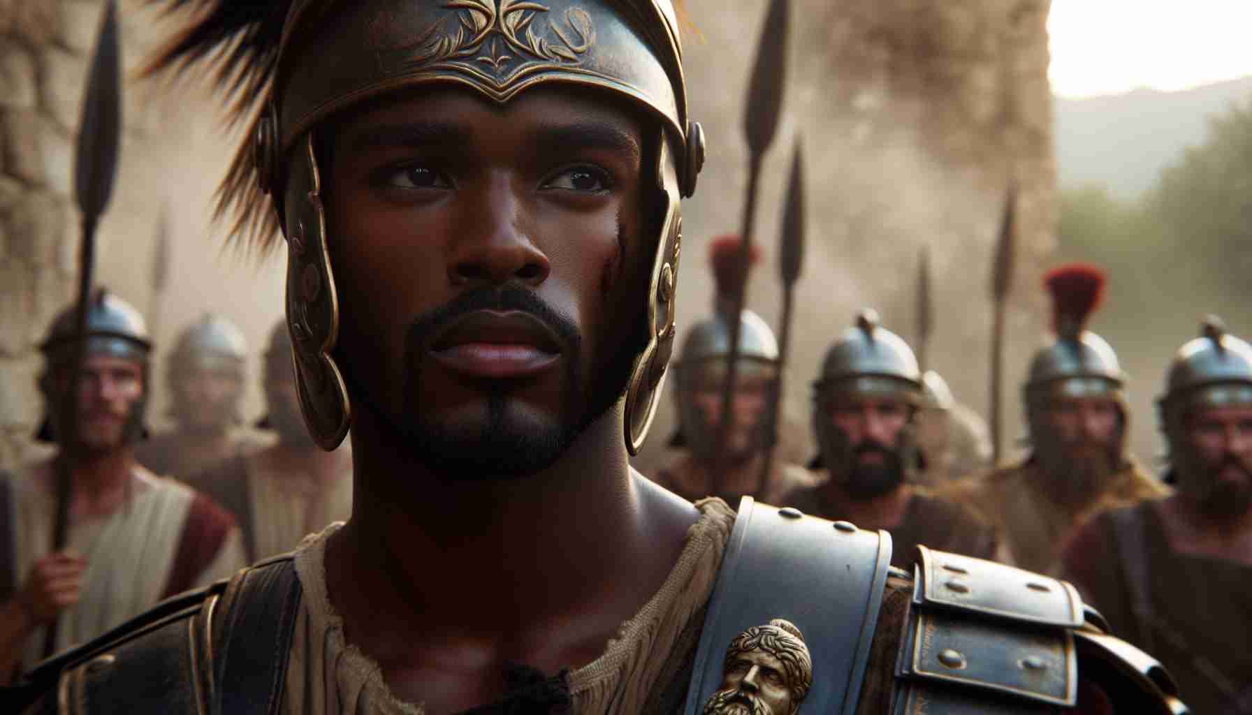 A realistic high-definition image of a bold scene involving a talented Black male actor, who portrays a warrior in a sequel to a popular historical drama movie set in the Ancient Roman era.