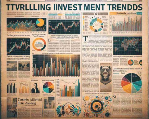 A high-definition image of a newspaper spread, featuring articles about various thrilling investment trends that are currently making news. The headlines are bold and eye-catching, leading to articles filled with colorful bar graphs, pie charts, and infographics to visually represent financial data. A few of the articles include quotes from anonymous experts in the finance field, giving their take on these exciting investment moves. Subtle tones of sepia underlie the backdrop of the image to give it an authentic newspaper feel.