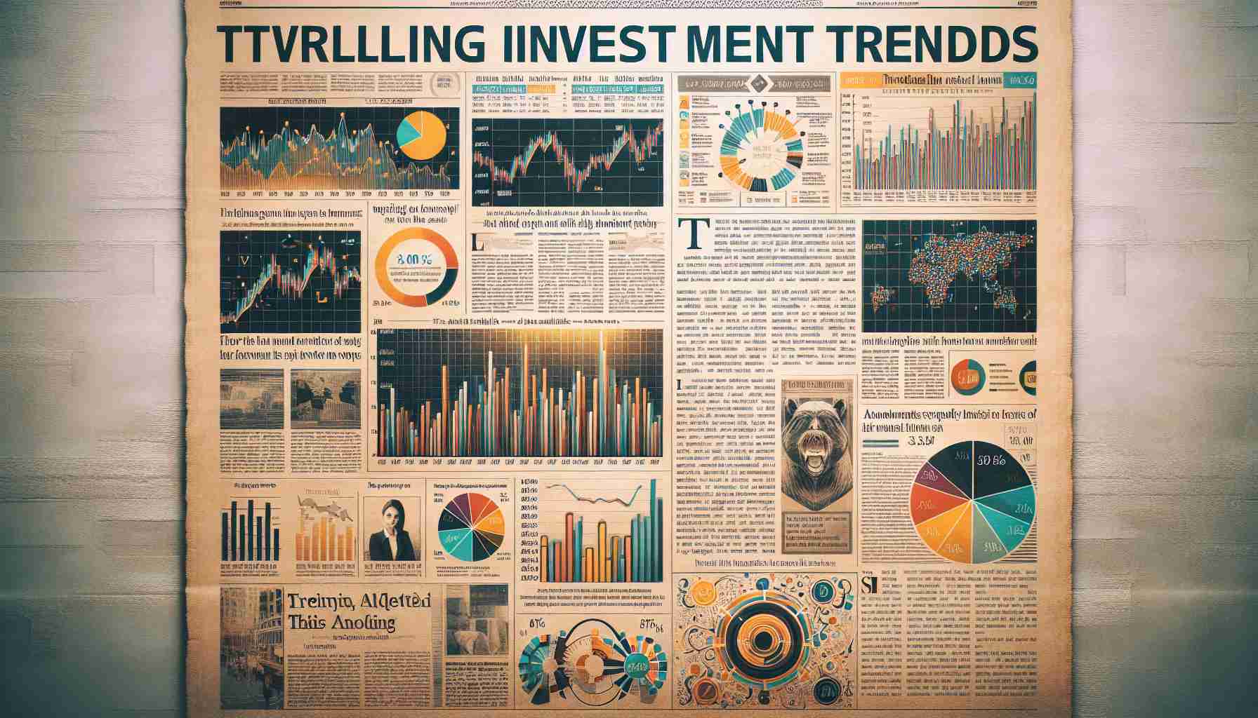 A high-definition image of a newspaper spread, featuring articles about various thrilling investment trends that are currently making news. The headlines are bold and eye-catching, leading to articles filled with colorful bar graphs, pie charts, and infographics to visually represent financial data. A few of the articles include quotes from anonymous experts in the finance field, giving their take on these exciting investment moves. Subtle tones of sepia underlie the backdrop of the image to give it an authentic newspaper feel.