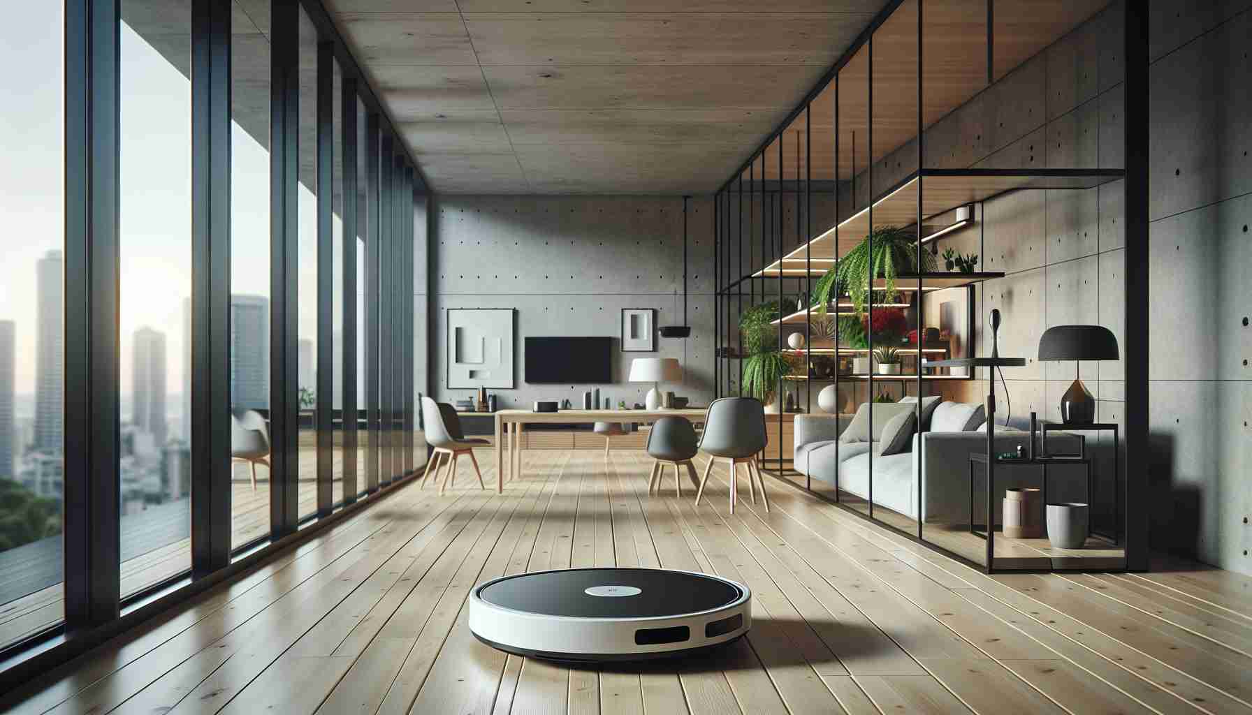 A high-definition, realistic image of innovative contemporary home design that has been reshaped by the use of smart vacuums. The scene demonstrates how the smart vacuum seamlessly integrates into the living environment, hinting at a clutter-free, sleek atmosphere. It moves smoothly across a space free of obstacles, contributing to an overall aesthetic of minimalism and neatness. It could be a living room, decked with modern furniture and vibrant indoor plants, all arranged to provide clear pathways for the vacuum's unobstructed operation, showcasing the surprising role these devices play in shaping modern residential interiors.