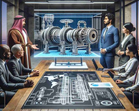 Create a hyper-realistic high-definition image representing a groundbreaking collaboration set to revolutionize the pipeline repair industry. It consists of a meeting room scene where a diverse group of professionals are gathered. A Middle Eastern woman and a South Asian man are presenting a 3D hologram of an innovative pipeline repair machinery concept with complex parts. On the table, there are blueprints and digital devices displaying technical data about the machinery. Another group, which includes a Black woman, a Hispanic man, and a Caucasian man, is attentively viewing the presentation and discussing the transformative potential of this technology.