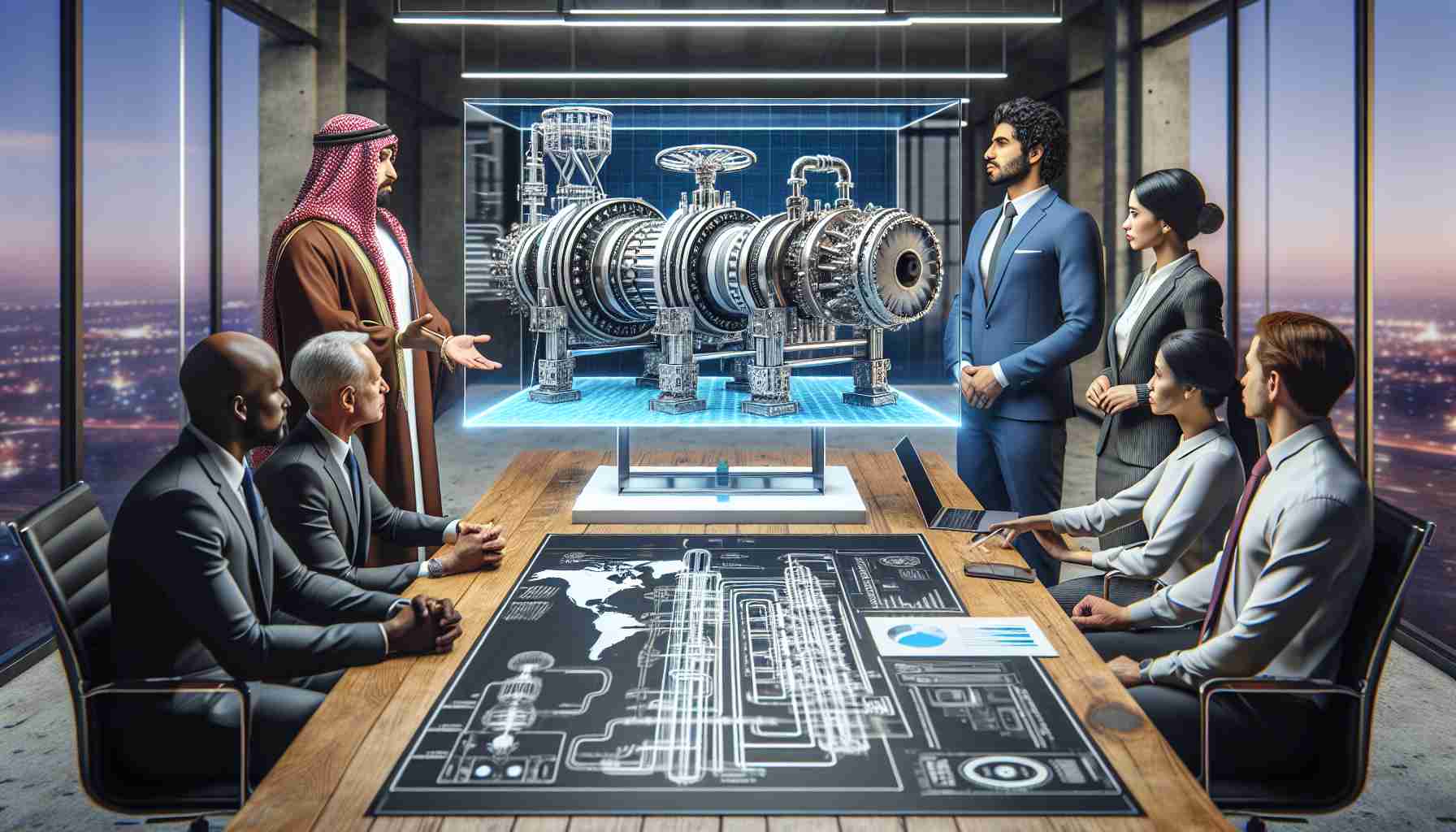 Create a hyper-realistic high-definition image representing a groundbreaking collaboration set to revolutionize the pipeline repair industry. It consists of a meeting room scene where a diverse group of professionals are gathered. A Middle Eastern woman and a South Asian man are presenting a 3D hologram of an innovative pipeline repair machinery concept with complex parts. On the table, there are blueprints and digital devices displaying technical data about the machinery. Another group, which includes a Black woman, a Hispanic man, and a Caucasian man, is attentively viewing the presentation and discussing the transformative potential of this technology.