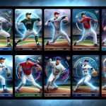 High-definition, realistic illustration of baseball cards featuring perceived future greats in the sport. Each card should showcase a different player dressed in their team's colors, posed in mid-action, perhaps ready to pitch or swing. These portrait-like images should hint at form, skill, and potential. Hovering around the player could be holographic-styled indicators of their unique attributes such as agility, power, and speed, visually singling out their potential to become a superstar. The player's name and team logo should be clearly visible at the bottom of each card.