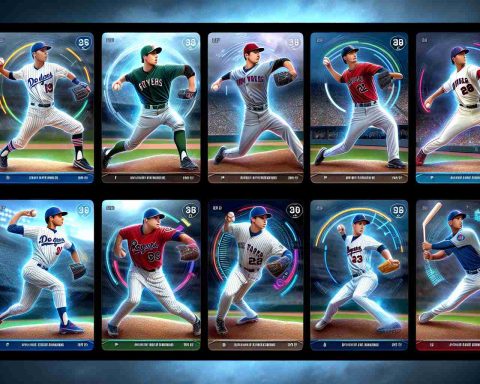 High-definition, realistic illustration of baseball cards featuring perceived future greats in the sport. Each card should showcase a different player dressed in their team's colors, posed in mid-action, perhaps ready to pitch or swing. These portrait-like images should hint at form, skill, and potential. Hovering around the player could be holographic-styled indicators of their unique attributes such as agility, power, and speed, visually singling out their potential to become a superstar. The player's name and team logo should be clearly visible at the bottom of each card.