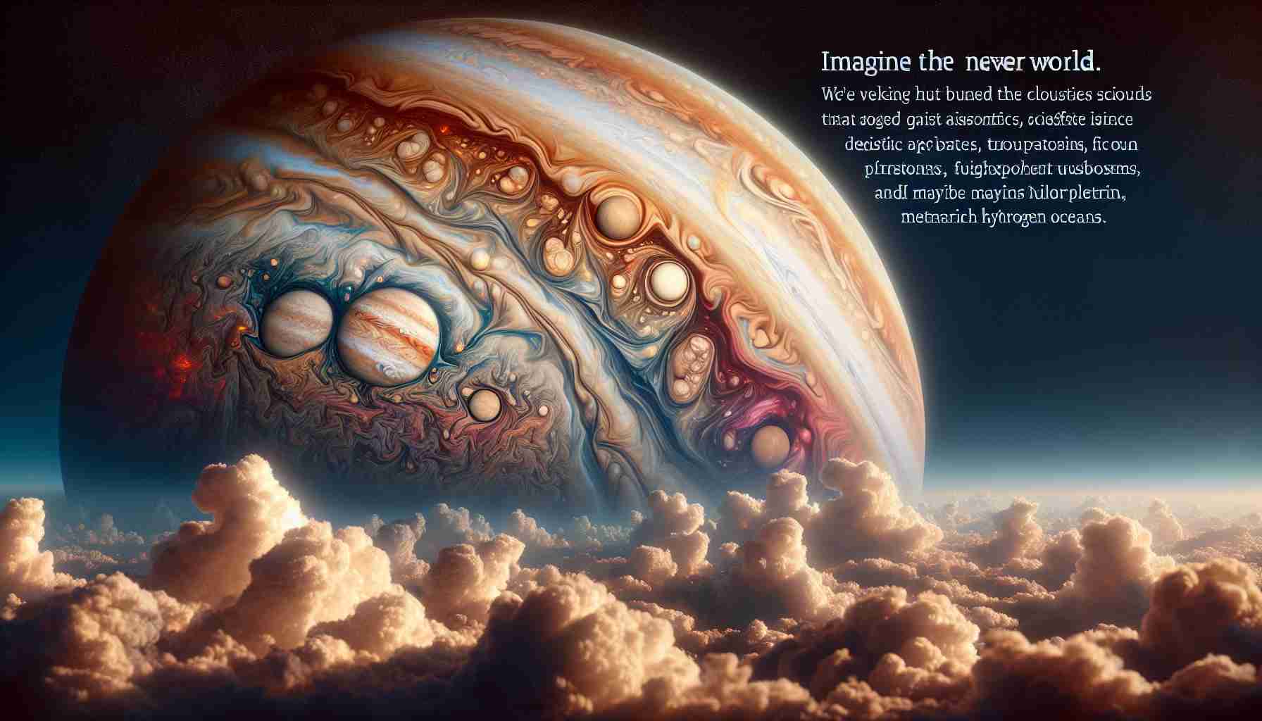 Imagine the world that lies beneath the mysterious clouds of Jupiter. We're looking for a realistic, high-definition image that showcases what might be hiding under those layers. The deep, swirling storms of gas, possibly filled with exotic colors from various chemical reactions. The immense gas giants surface, if any, could exhibit breathtaking scenes of turbulent weather patterns. However, since we've never seen beneath the clouds, incorporate an illustrative interpretation of what scientists speculate might be present, such as dense atmospheres, thunderstorms, fierce winds, and maybe metallic hydrogen oceans.