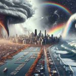 A realistic high-definition image depicting severe weather extremes in a typical harbor city. Show the cityscape with remarkable contrast between light and dark, signifying the rapidly changing conditions. There could be unusual meteorological phenomena showing up, like a tornado hovering over the bay, heavy snowfall over the city, rainbows among dark clouds, dramatic crescent-shaped wave along the coastline. This is to signify the uncertain and fluctuating future weather patterns in coastal cities.