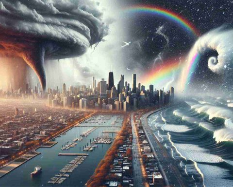 A realistic high-definition image depicting severe weather extremes in a typical harbor city. Show the cityscape with remarkable contrast between light and dark, signifying the rapidly changing conditions. There could be unusual meteorological phenomena showing up, like a tornado hovering over the bay, heavy snowfall over the city, rainbows among dark clouds, dramatic crescent-shaped wave along the coastline. This is to signify the uncertain and fluctuating future weather patterns in coastal cities.