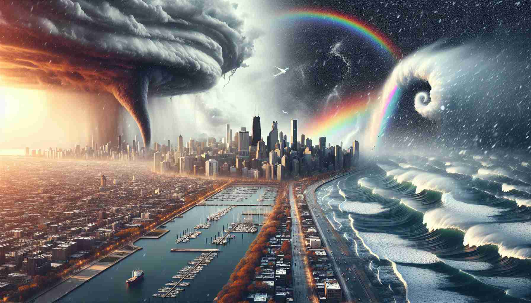 A realistic high-definition image depicting severe weather extremes in a typical harbor city. Show the cityscape with remarkable contrast between light and dark, signifying the rapidly changing conditions. There could be unusual meteorological phenomena showing up, like a tornado hovering over the bay, heavy snowfall over the city, rainbows among dark clouds, dramatic crescent-shaped wave along the coastline. This is to signify the uncertain and fluctuating future weather patterns in coastal cities.