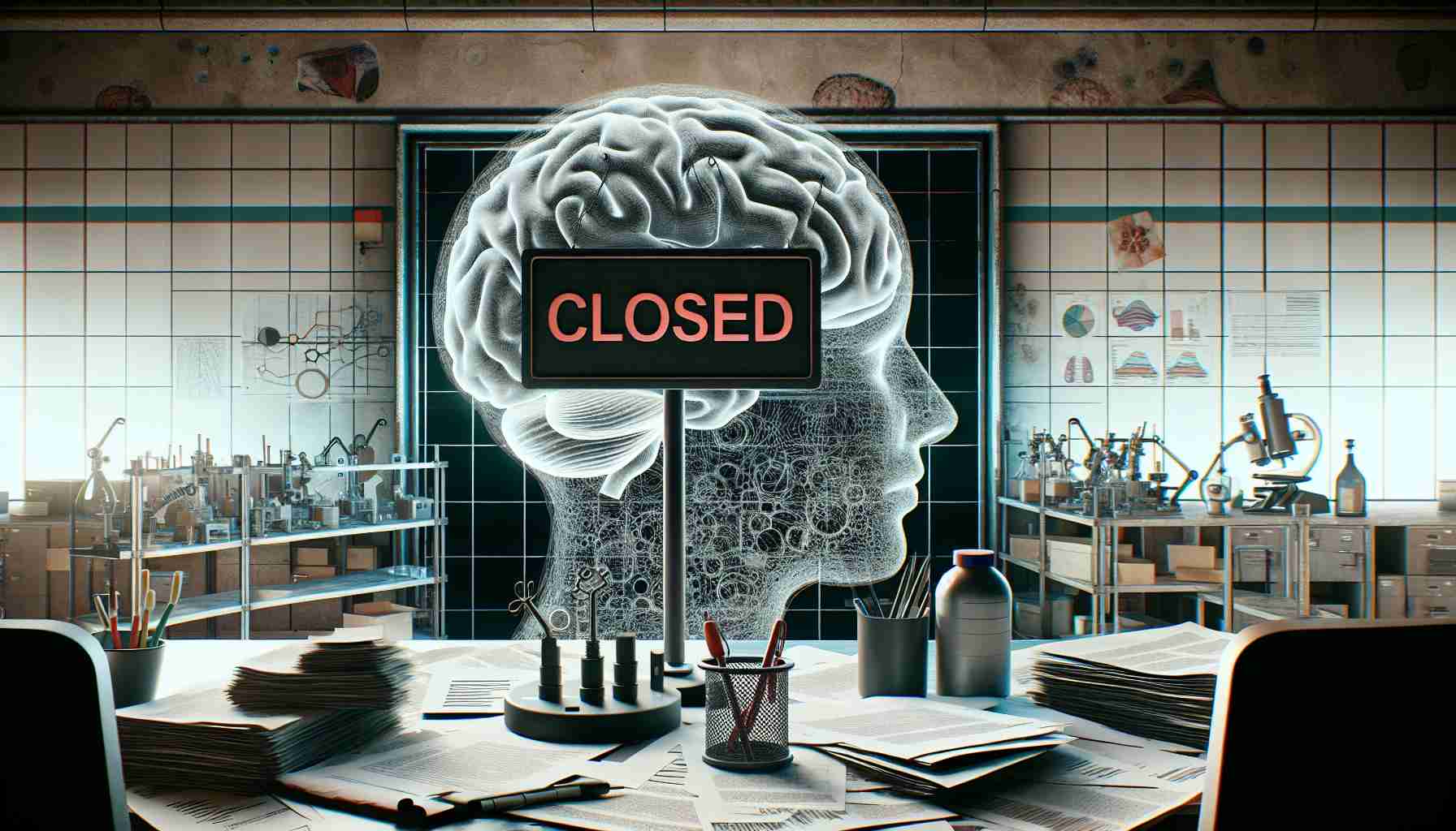 An image showing a symbolic representation of the end of ambitions in the neuroscience field. It could be a laboratory with abandoned neuroscience research equipment and paperwork, or a metaphorical image of a human brain overlaid with a 'closed' sign.