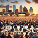 A realistic, high-definition image capturing the essence of the ultimate country music experience in Tampa. Pictorialize a vibrant outdoor concert scene during sundown, with a stage set against the cityscape. Include musicians, depicting an assortment of men and women from different descents like Caucasian, Hispanic, Black, Middle-Eastern, and South Asian. These musicians can be seen playing various country music instruments like guitars, fiddles, banjos, and harmonicas. The audience is packed with music lovers of all ages, genders, and descents. They're all caught up in the euphoria of the music, swaying and dancing along.