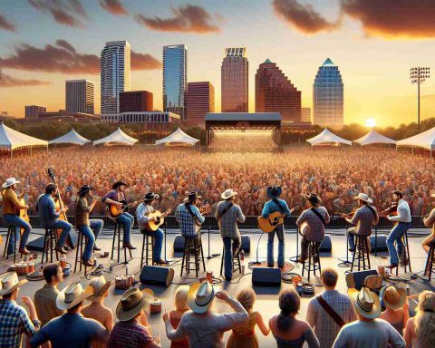 A realistic, high-definition image capturing the essence of the ultimate country music experience in Tampa. Pictorialize a vibrant outdoor concert scene during sundown, with a stage set against the cityscape. Include musicians, depicting an assortment of men and women from different descents like Caucasian, Hispanic, Black, Middle-Eastern, and South Asian. These musicians can be seen playing various country music instruments like guitars, fiddles, banjos, and harmonicas. The audience is packed with music lovers of all ages, genders, and descents. They're all caught up in the euphoria of the music, swaying and dancing along.