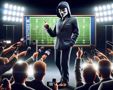 A realistic HD photo depicting an anonymous American football coach, synonymous with a legendary figure known for transforming teams, making a comeback in NFL. A press conference setting with reporters, cameras and bright lights, the coach confidently strides onto the stage, greeted by a slew of microphones and flashes. He points to a board demonstrating complex game strategies, a serious yet determined look on his face.