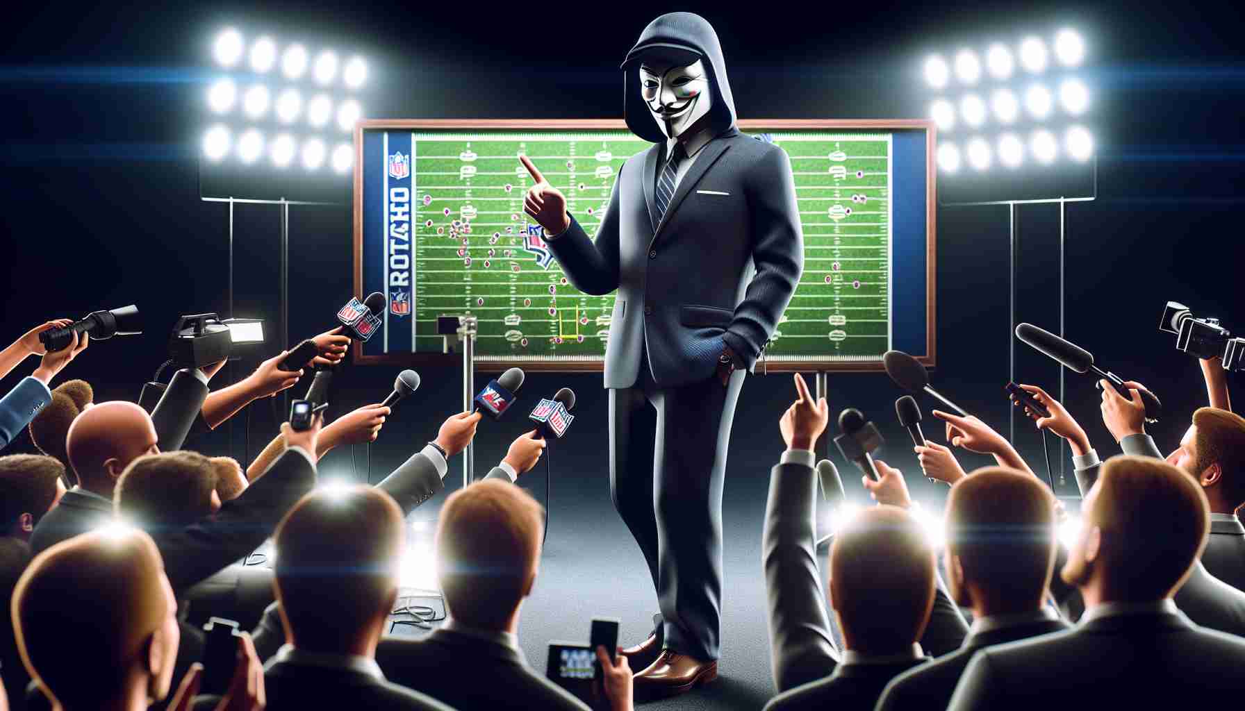 A realistic HD photo depicting an anonymous American football coach, synonymous with a legendary figure known for transforming teams, making a comeback in NFL. A press conference setting with reporters, cameras and bright lights, the coach confidently strides onto the stage, greeted by a slew of microphones and flashes. He points to a board demonstrating complex game strategies, a serious yet determined look on his face.