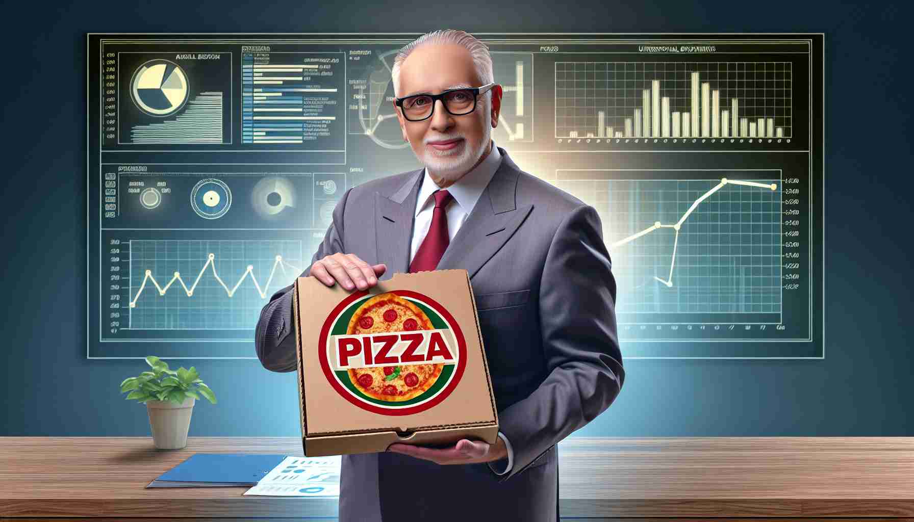 A high-definition, realistic image depicting an unexpected investment scenario. In this scene, a generic elderly businessman is shown making an investment in a popular pizza chain, symbolized by him holding a pizza box with the logo prominently displayed. The surroundings hint at the implications for the pizza business, with possible charts and graphs showing potential growth and impact. Please note, this scenario is for illustrative purposes and doesn't concern any specific individual or actual investment strategies.