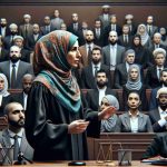 High-definition, realistic image of a highly-dramatic turn of events in a contentious murder trial. The judge, who is a Middle-Eastern woman, takes an unprecedented approach and becomes proactive in the pursuit of truth. She is depicted at the center of the courtroom, surrounded by a tense atmosphere as attorneys, bailiffs, and court audience members displaying diverse descent and gender wait in quiet anticipation.