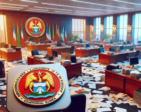 A realistic high-definition image depicting the aftermath of a major scandal leading to significant changes within government offices in Equatorial Guinea. The scene includes vivid images of emptied offices, scattered documents and seals of the country visible on certain objects. It portrays a sense of urgency and change, triggered by the shocking event.