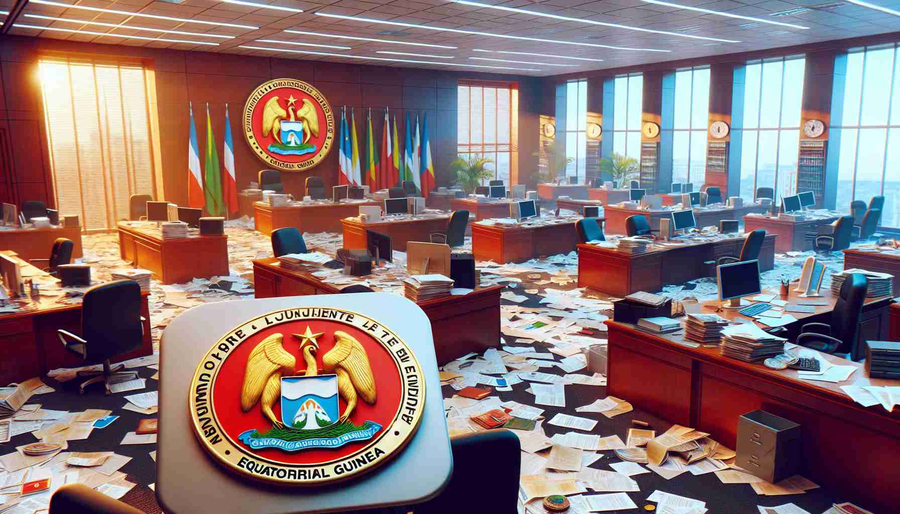 A realistic high-definition image depicting the aftermath of a major scandal leading to significant changes within government offices in Equatorial Guinea. The scene includes vivid images of emptied offices, scattered documents and seals of the country visible on certain objects. It portrays a sense of urgency and change, triggered by the shocking event.