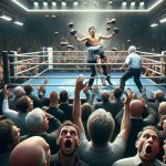 A high-definition, photorealistic image of a shocking moment in a heavyweight division match. The scene is filled with profound expressions from spectators and players alike, reflecting the unexpected drastic turn of events.