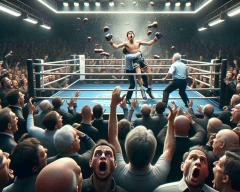 A high-definition, photorealistic image of a shocking moment in a heavyweight division match. The scene is filled with profound expressions from spectators and players alike, reflecting the unexpected drastic turn of events.