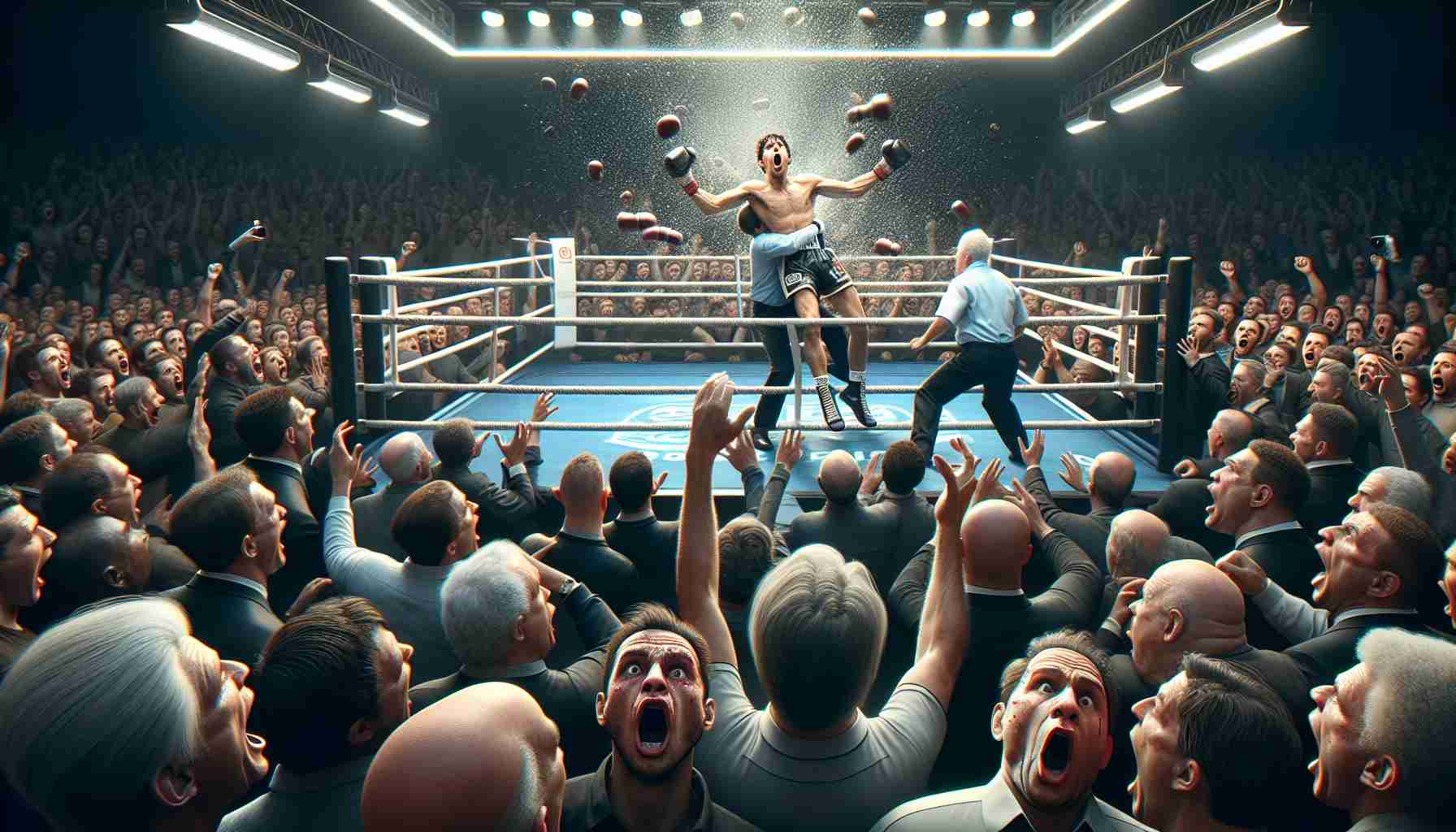 A high-definition, photorealistic image of a shocking moment in a heavyweight division match. The scene is filled with profound expressions from spectators and players alike, reflecting the unexpected drastic turn of events.