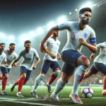 Create a high-definition, realistic image related to a football match with a concept of'Key Injuries'. It features the England football team in a challenging match in Greece. The players are showing determination and competitiveness despite injuries. Please note: this image does not represent specific individuals but the team as a whole.