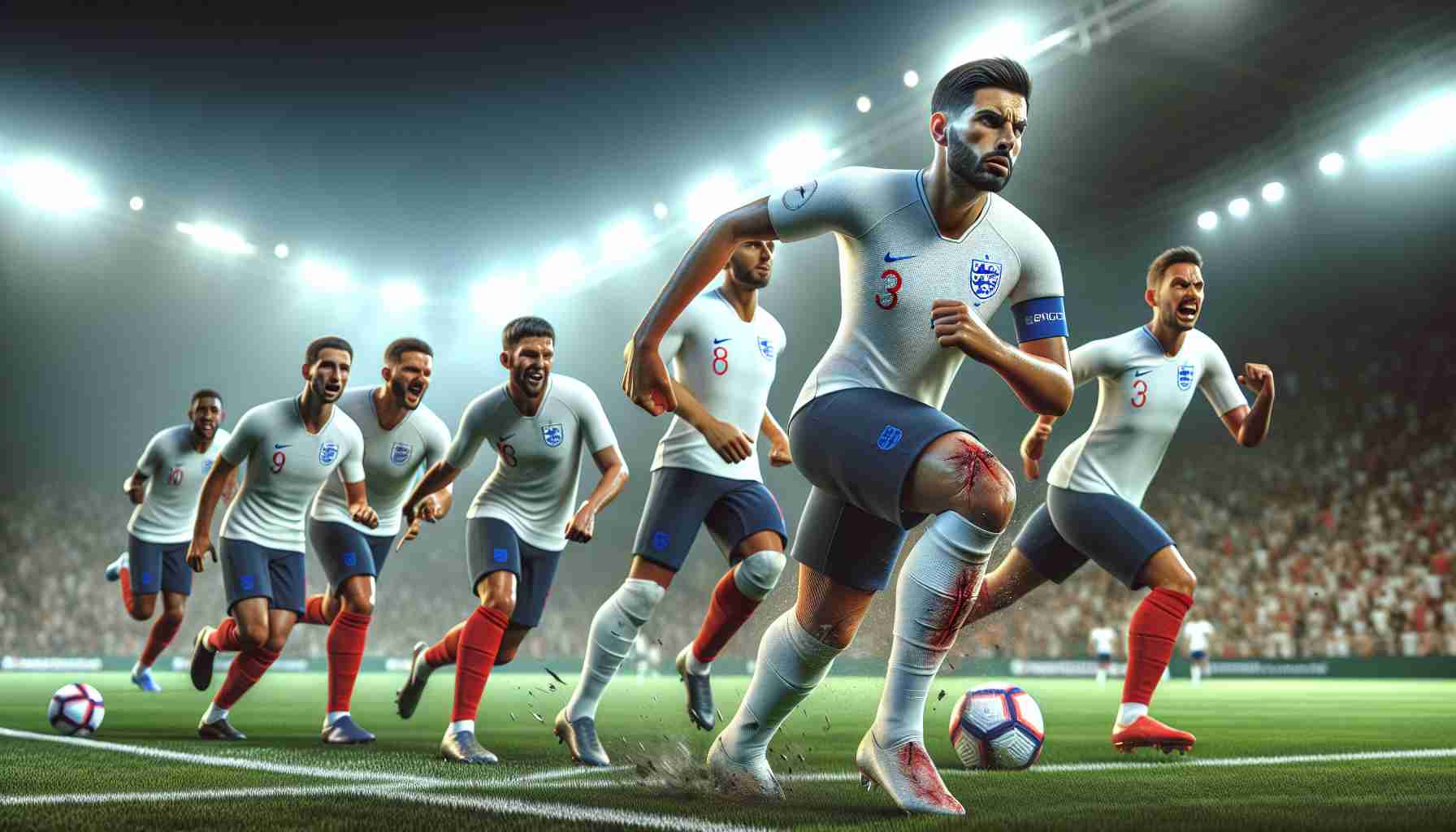 Create a high-definition, realistic image related to a football match with a concept of'Key Injuries'. It features the England football team in a challenging match in Greece. The players are showing determination and competitiveness despite injuries. Please note: this image does not represent specific individuals but the team as a whole.