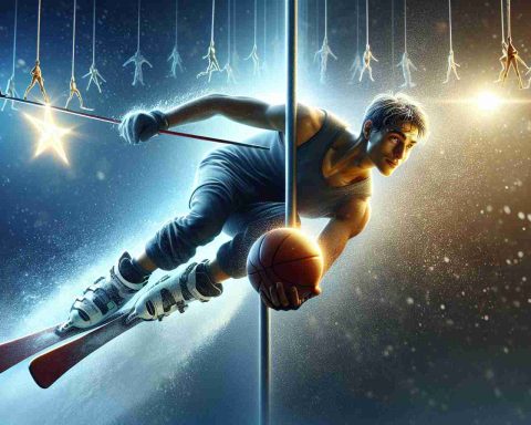 High definition, realistic image of a young, aspiring sports player, possibly skiing or shooting a basketball, hanging in the balance of two extremes. On one end, there's promising brilliance, symbolized by a shooting star. On the other end, there's a struggle, manifested in his strained expressions and sweat rolling down his forehead. He is caught in a moment of decision-making, in action, with the aura of uncertainty surrounding him but with a glint of hope in his eyes, hinting that he might shine once again.