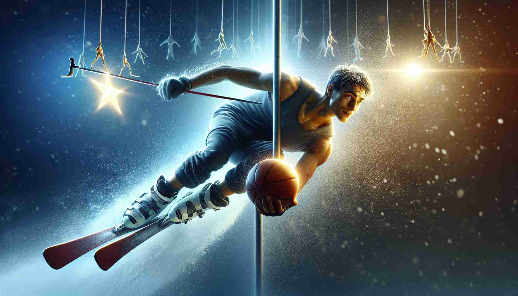 High definition, realistic image of a young, aspiring sports player, possibly skiing or shooting a basketball, hanging in the balance of two extremes. On one end, there's promising brilliance, symbolized by a shooting star. On the other end, there's a struggle, manifested in his strained expressions and sweat rolling down his forehead. He is caught in a moment of decision-making, in action, with the aura of uncertainty surrounding him but with a glint of hope in his eyes, hinting that he might shine once again.