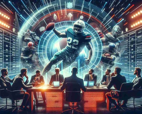 Generate a high-definition, realistic concept art which portrays a dramatic scene related to bold predictions for a fictional 2025 American Football League Draft. Incorporate elements such as a prominent draft chart, player stats being analyzed, and team representatives in intense decision-making discussions. Capture the unexpected element in the atmosphere.