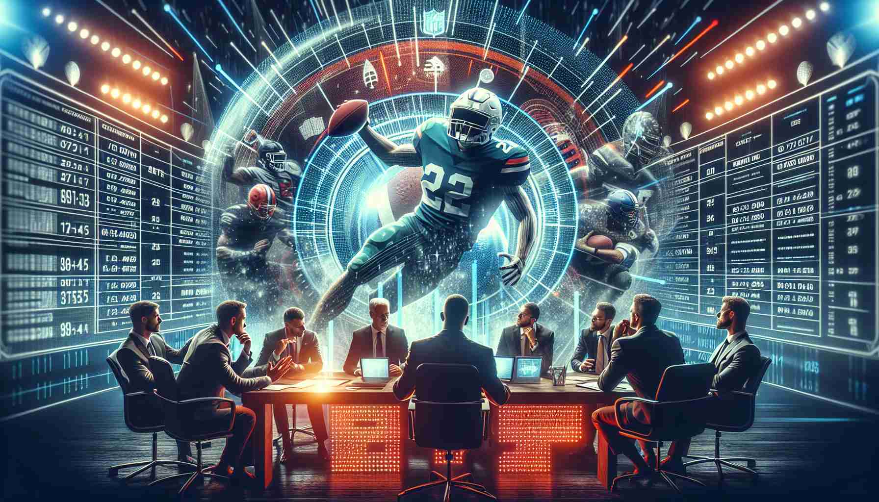 Generate a high-definition, realistic concept art which portrays a dramatic scene related to bold predictions for a fictional 2025 American Football League Draft. Incorporate elements such as a prominent draft chart, player stats being analyzed, and team representatives in intense decision-making discussions. Capture the unexpected element in the atmosphere.