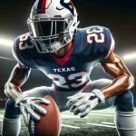 A high-definition image showcasing a star wide receiver from a Texan football team, poised for an unexpected comeback. The image should capture the athlete's determination and readiness, it's realistic and portrays the thrill of anticipation before a game. The athlete is kitted out in full football gear, including the team jersey, helmet, gloves, and cleats.