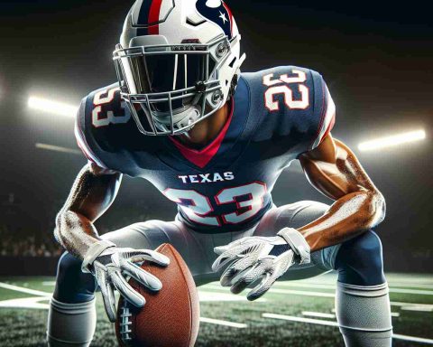 A high-definition image showcasing a star wide receiver from a Texan football team, poised for an unexpected comeback. The image should capture the athlete's determination and readiness, it's realistic and portrays the thrill of anticipation before a game. The athlete is kitted out in full football gear, including the team jersey, helmet, gloves, and cleats.